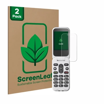 Parte frontal de un envase de producto con el logotipo de la marca ScreenLeaf. Al lado se muestra el dispositivo Doro 2820 con