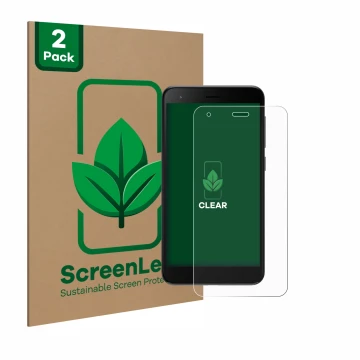 Parte frontal de un envase de producto con el logotipo de la marca ScreenLeaf. Al lado se muestra el dispositivo ZTE Blade A35