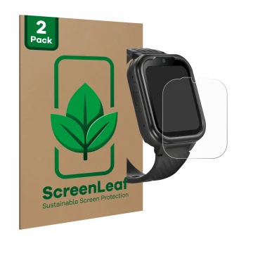 Parte frontal de un envase de producto con el logotipo de la marca ScreenLeaf. Al lado se muestra el dispositivo RAYOFI Kids S