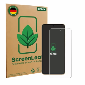 Parte frontal de un envase de producto con el logotipo de la marca ScreenLeaf. Al lado se muestra el dispositivo Motorola Edge