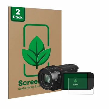 Parte frontal de un envase de producto con el logotipo de la marca ScreenLeaf. Al lado se muestra el dispositivo Panasonic HC-