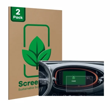 Parte frontal de un envase de producto con el logotipo de la marca ScreenLeaf. Al lado se muestra el dispositivo Toyota Aygo X