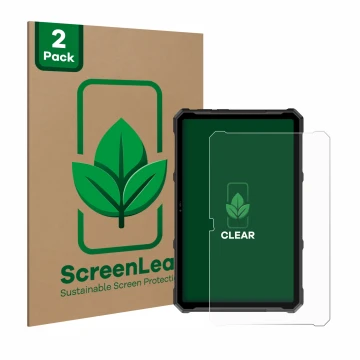 Parte frontal de un envase de producto con el logotipo de la marca ScreenLeaf. Al lado se muestra el dispositivo Ulefone Armor