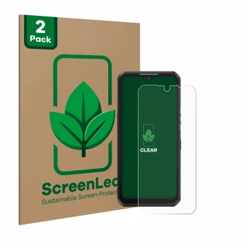 Parte frontal de un envase de producto con el logotipo de la marca ScreenLeaf. Al lado se muestra el dispositivo Oukitel WP39 