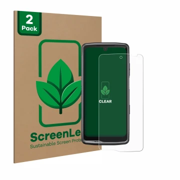 Parte frontal de un envase de producto con el logotipo de la marca ScreenLeaf. Al lado se muestra el dispositivo Crosscall Ste