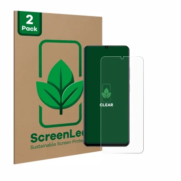 Parte frontal de un envase de producto con el logotipo de la marca ScreenLeaf. Al lado se muestra el dispositivo realme Note 6