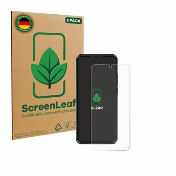 Parte frontal de un envase de producto con el logotipo de la marca ScreenLeaf. Al lado se muestra el dispositivo Oukitel WP52 