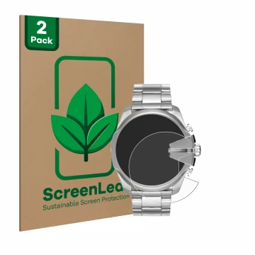 Parte frontal de un envase de producto con el logotipo de la marca ScreenLeaf. Al lado se muestra el dispositivo Diesel Mega C