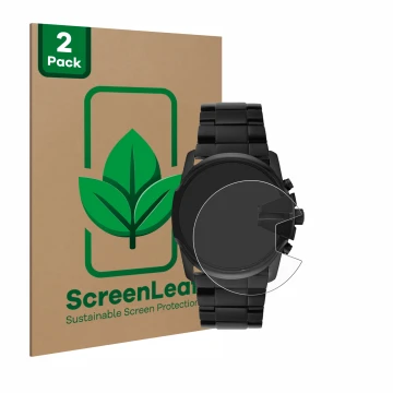 Parte frontal de un envase de producto con el logotipo de la marca ScreenLeaf. Al lado se muestra el dispositivo Diesel Master