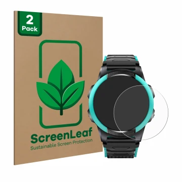 Parte frontal de un envase de producto con el logotipo de la marca ScreenLeaf. Al lado se muestra el dispositivo SaveFamily Sl