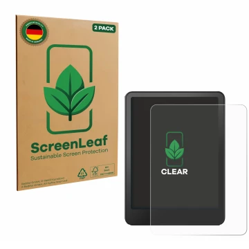 Parte frontal de un envase de producto con el logotipo de la marca ScreenLeaf. Al lado se muestra el dispositivo Amazon Kindle