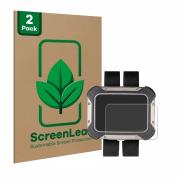 Parte frontal de un envase de producto con el logotipo de la marca ScreenLeaf. Al lado se muestra el dispositivo Apeks DSX con