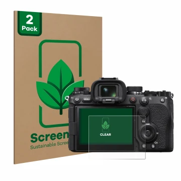 Parte frontal de un envase de producto con el logotipo de la marca ScreenLeaf. Al lado se muestra el dispositivo Sony Alpha 1 