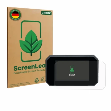 Parte frontal de un envase de producto con el logotipo de la marca ScreenLeaf. Al lado se muestra el dispositivo Suzuki GSX-8S