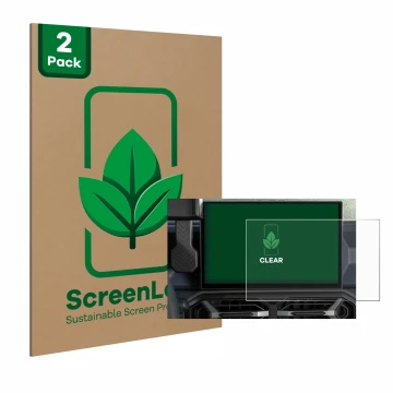 Parte frontal de un envase de producto con el logotipo de la marca ScreenLeaf. Al lado se muestra el dispositivo Dacia Duster 