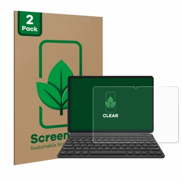 Parte frontal de un envase de producto con el logotipo de la marca ScreenLeaf. Al lado se muestra el dispositivo BESTTAB A20 c