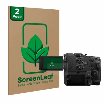 Parte frontal de un envase de producto con el logotipo de la marca ScreenLeaf. Al lado se muestra el dispositivo Canon EOS C40