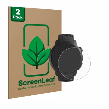 Parte frontal de un envase de producto con el logotipo de la marca ScreenLeaf. Al lado se muestra el dispositivo Coros Pace Pr