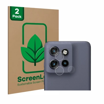 Parte frontal de un envase de producto con el logotipo de la marca ScreenLeaf. Al lado se muestra el dispositivo Motorola Edge