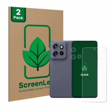 Parte frontal de un envase de producto con el logotipo de la marca ScreenLeaf. Al lado se muestra el dispositivo Motorola Edge