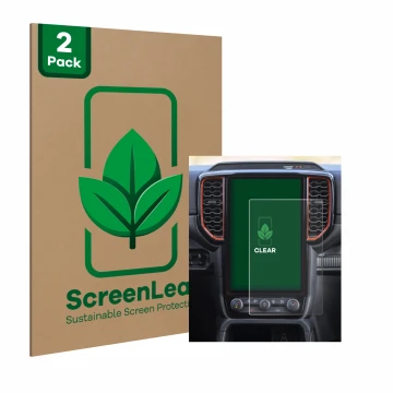 Parte frontal de un envase de producto con el logotipo de la marca ScreenLeaf. Al lado se muestra el dispositivo Ford Ranger X
