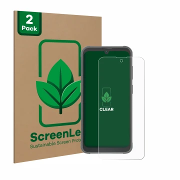 Parte frontal de un envase de producto con el logotipo de la marca ScreenLeaf. Al lado se muestra el dispositivo Blackview BV5