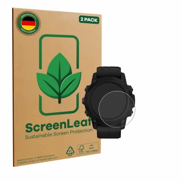Parte frontal de un envase de producto con el logotipo de la marca ScreenLeaf. Al lado se muestra el dispositivo Garmin Descen