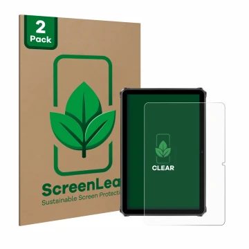 Parte frontal de un envase de producto con el logotipo de la marca ScreenLeaf. Al lado se muestra el dispositivo Oukitel RT9 c