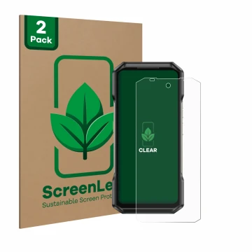 Parte frontal de un envase de producto con el logotipo de la marca ScreenLeaf. Al lado se muestra el dispositivo Ulefone Armor