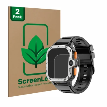 Parte frontal de un envase de producto con el logotipo de la marca ScreenLeaf. Al lado se muestra el dispositivo HS Smartwatch