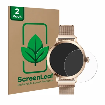 Parte frontal de un envase de producto con el logotipo de la marca ScreenLeaf. Al lado se muestra el dispositivo Bekomiya Smar