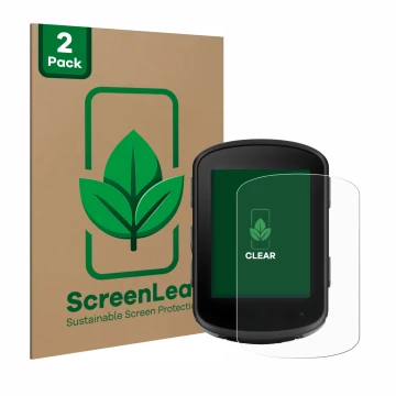 Parte frontal de un envase de producto con el logotipo de la marca ScreenLeaf. Al lado se muestra el dispositivo Garmin Edge 8