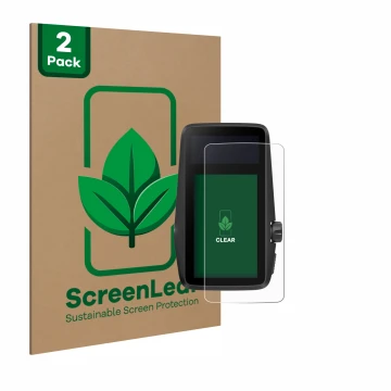 Parte frontal de un envase de producto con el logotipo de la marca ScreenLeaf. Al lado se muestra el dispositivo Coros Dura co