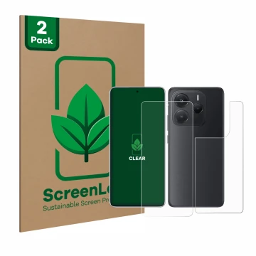 Parte frontal de un envase de producto con el logotipo de la marca ScreenLeaf. Al lado se muestra el dispositivo Xiaomi Redmi 