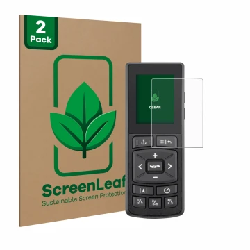 Parte frontal de un envase de producto con el logotipo de la marca ScreenLeaf. Al lado se muestra el dispositivo Minn Kota Adv