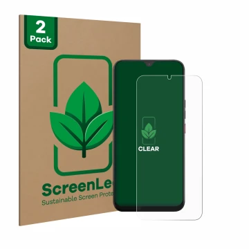 Parte frontal de un envase de producto con el logotipo de la marca ScreenLeaf. Al lado se muestra el dispositivo Volla Phone 2