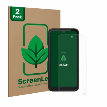 Parte frontal de un envase de producto con el logotipo de la marca ScreenLeaf. Al lado se muestra el dispositivo Volla Phone X