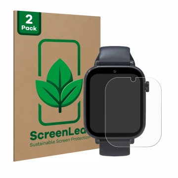 Parte frontal de un envase de producto con el logotipo de la marca ScreenLeaf. Al lado se muestra el dispositivo Forever Kids 
