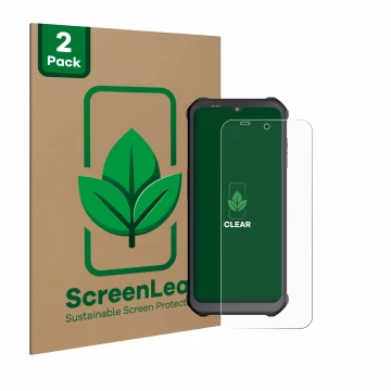 Parte frontal de un envase de producto con el logotipo de la marca ScreenLeaf. Al lado se muestra el dispositivo Sonim XP400 c