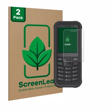 Parte frontal de un envase de producto con el logotipo de la marca ScreenLeaf. Al lado se muestra el dispositivo Sonim XP100 c
