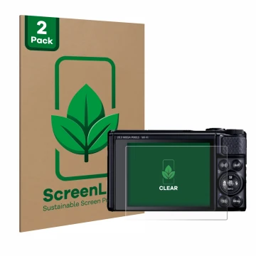 Parte frontal de un envase de producto con el logotipo de la marca ScreenLeaf. Al lado se muestra el dispositivo Canon PowerSh