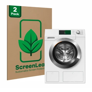 Parte frontal de un envase de producto con el logotipo de la marca ScreenLeaf. Al lado se muestra el dispositivo Miele WEH875 