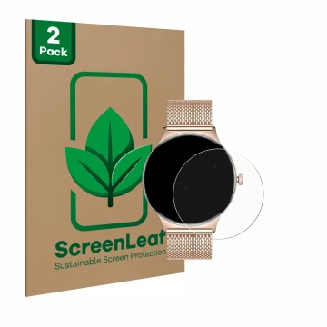 Parte frontal de un envase de producto con el logotipo de la marca ScreenLeaf. Al lado se muestra el dispositivo LIGE FV12 1.4