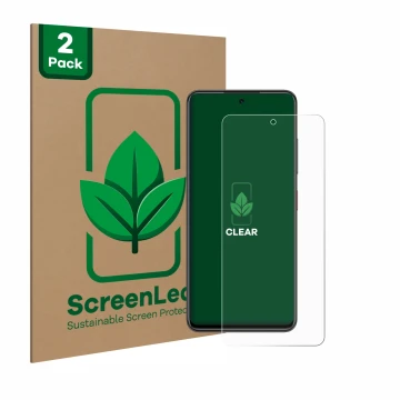 Parte frontal de un envase de producto con el logotipo de la marca ScreenLeaf. Al lado se muestra el dispositivo Nubia Focus 5