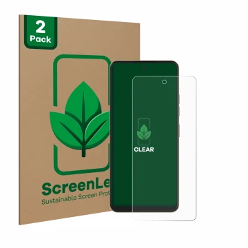 Parte frontal de un envase de producto con el logotipo de la marca ScreenLeaf. Al lado se muestra el dispositivo Nubia Music P