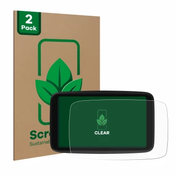 Parte frontal de un envase de producto con el logotipo de la marca ScreenLeaf. Al lado se muestra el dispositivo TomTom GO Adv