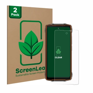 Parte frontal de un envase de producto con el logotipo de la marca ScreenLeaf. Al lado se muestra el dispositivo Blackview BV8