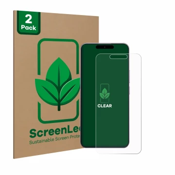 Parte frontal de un envase de producto con el logotipo de la marca ScreenLeaf. Al lado se muestra el dispositivo Oukitel P1 co