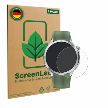 Parte frontal de un envase de producto con el logotipo de la marca ScreenLeaf. Al lado se muestra el dispositivo OnePlus Watch