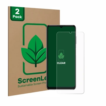 Parte frontal de un envase de producto con el logotipo de la marca ScreenLeaf. Al lado se muestra el dispositivo ZTE Blade V40